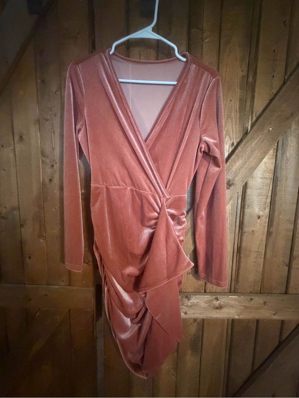 SHEIN Rust Velvet Wrap Ruched Long Sleeve Dress